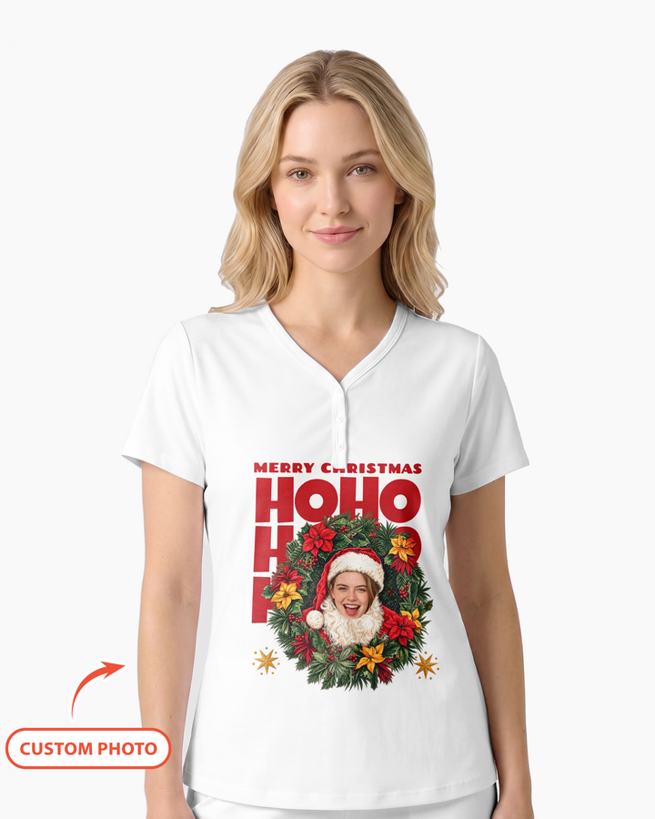 Personalized Photo Christmas Santa Bamboo Women Short Sleeve Short Pajama Set