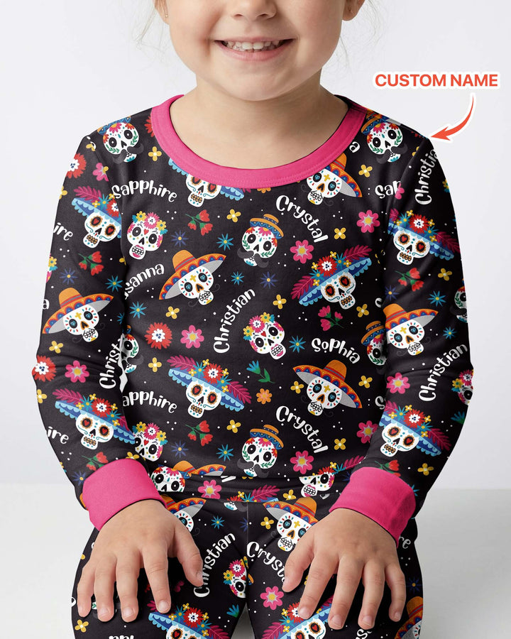 Custom Name Dia De Los Muertos Bamboo Two Piece Long Sleeve Pajama Set