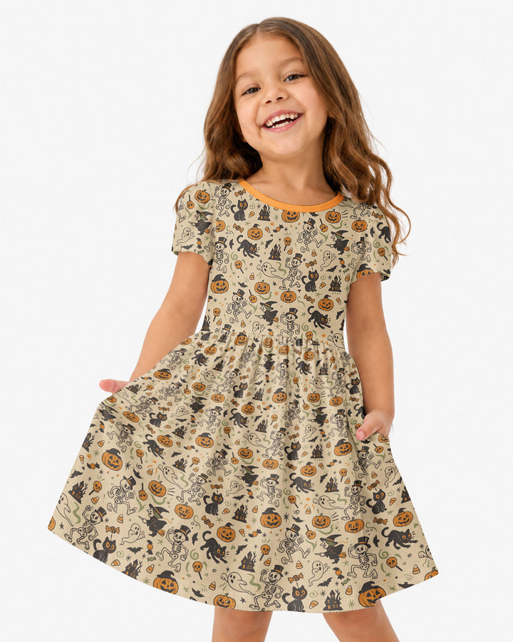 Vintage Skeleton Pumpkin Halloween Bamboo Twirl Dress