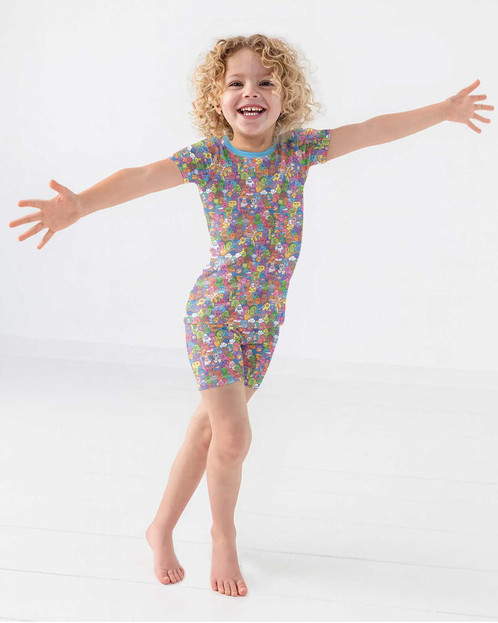 Doodle Characters Pastel Bamboo Two Piece Short Sleeve Shorts Pajama Set