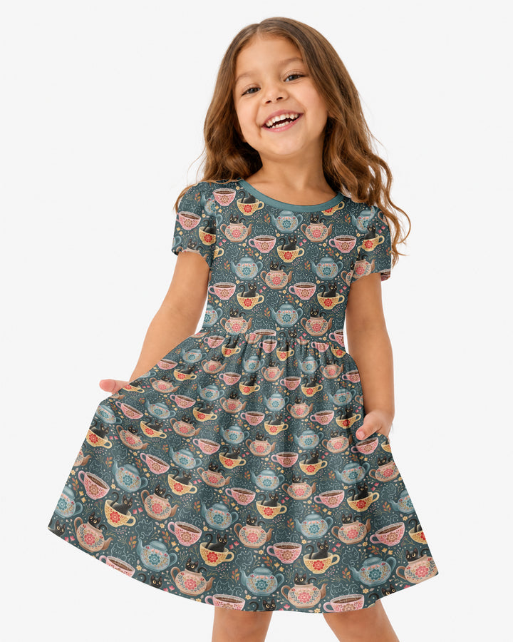 Folk Floral Black Cat Tea Party Bamboo Twirl Dress