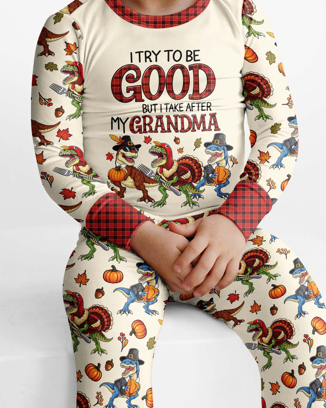 Dinosaur I Try To Be Good But I Take After My Grandma Bamboo Two Piece Long Sleeve Pajama Set