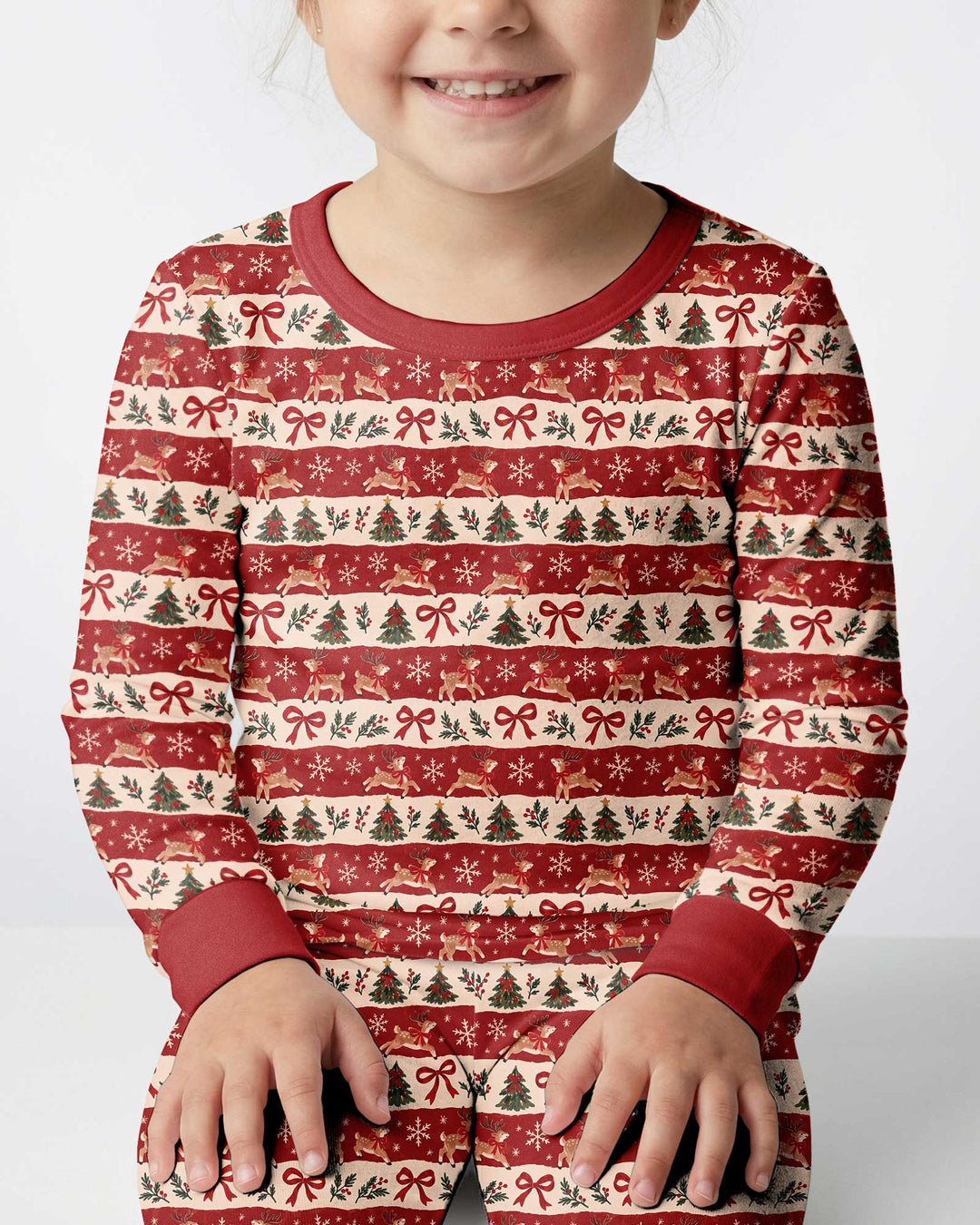 Vintage Reindeer Christmas Stripes Bamboo Two Piece Long Sleeve Pajama Set