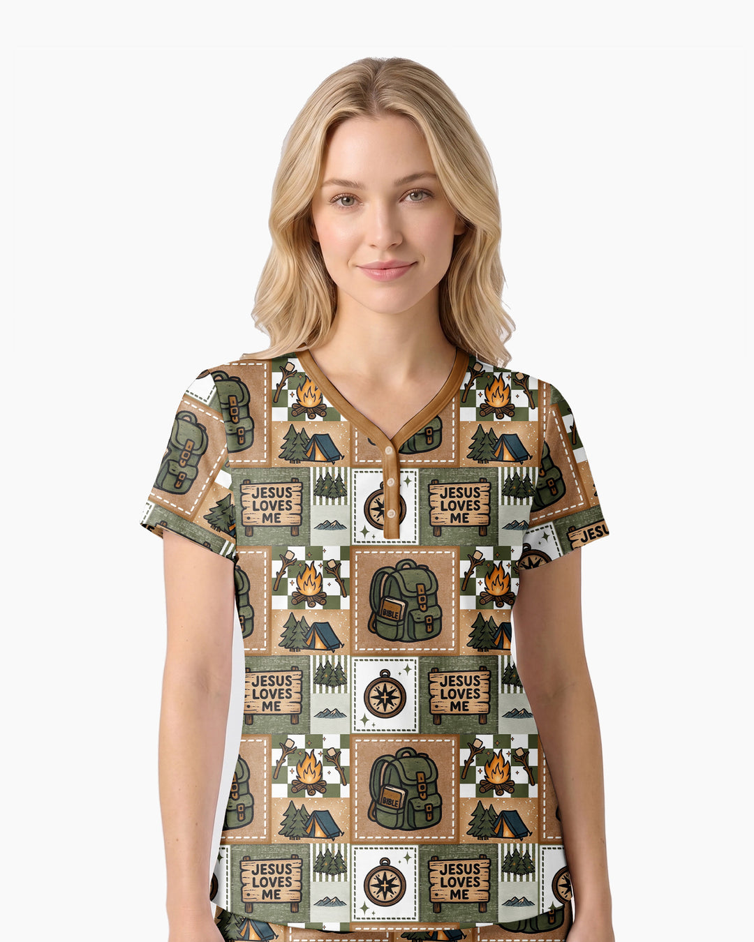 Camping Jesus Loves Me Bamboo Women Short Sleeve Short Pajama Set