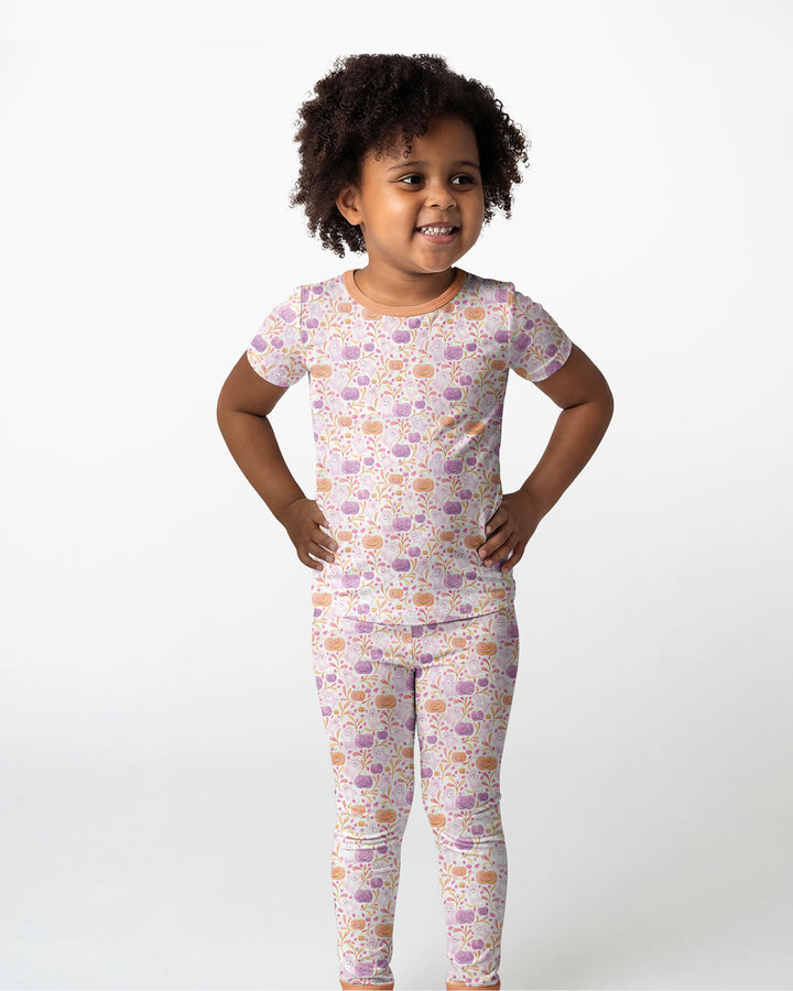 Pastel Pumpkins and Ghosts Bamboo Two Piece Short Sleeve Pajama Set