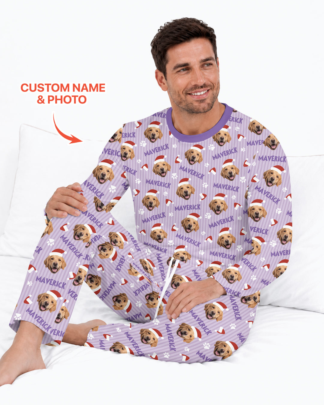Custom Pet Photo Christmas Paws Stripe Bamboo Men's Pajama Set