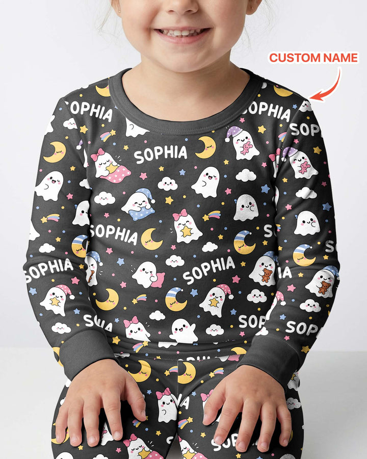 Sweet Dreams Cute Ghost Custom Name Bamboo Two Piece Long Sleeve Pajama Set