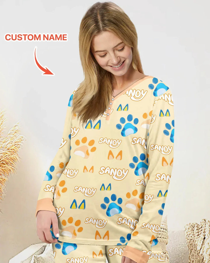 Benutzerdefinierter Name Lieblings-blaue Hunde-Familien-Pyjama-Set aus Bambus für Damen