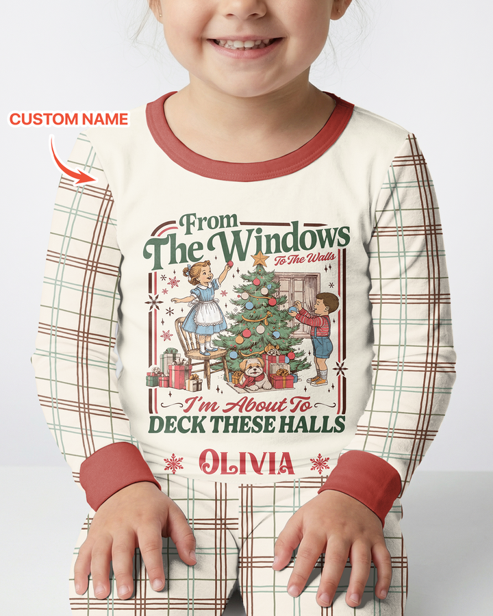 Custom Name Vintage Deck The Halls Bamboo Two Piece Long Sleeve Pajama Set
