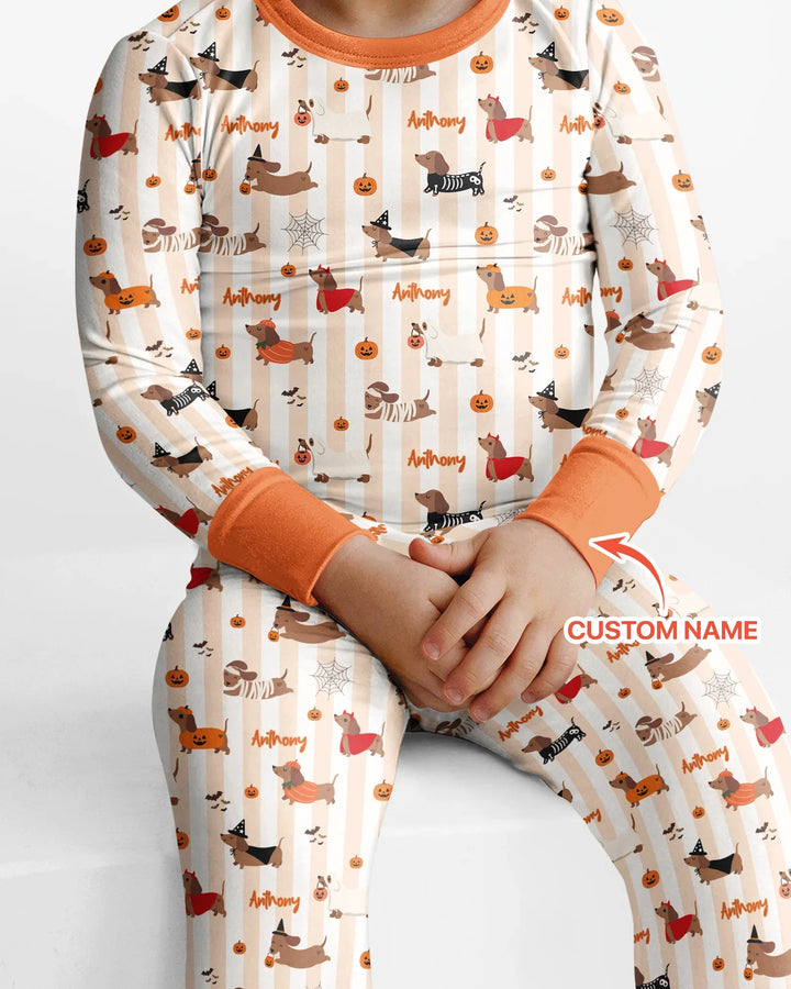 Custom Name Boo Crew Halloween Dachshund  Bamboo Two Piece Long Sleeve Pajama Set