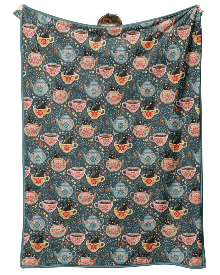 Folk Floral Black Cat Tea Party Bamboo Blanket