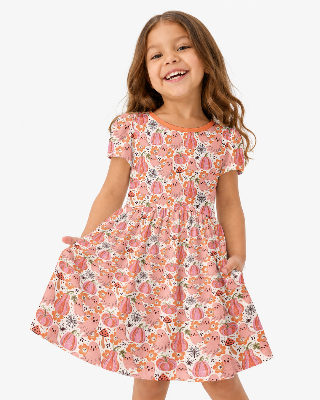 Pink Ghost Pumpkin Fall Floral Halloween Bamboo Twirl Dress