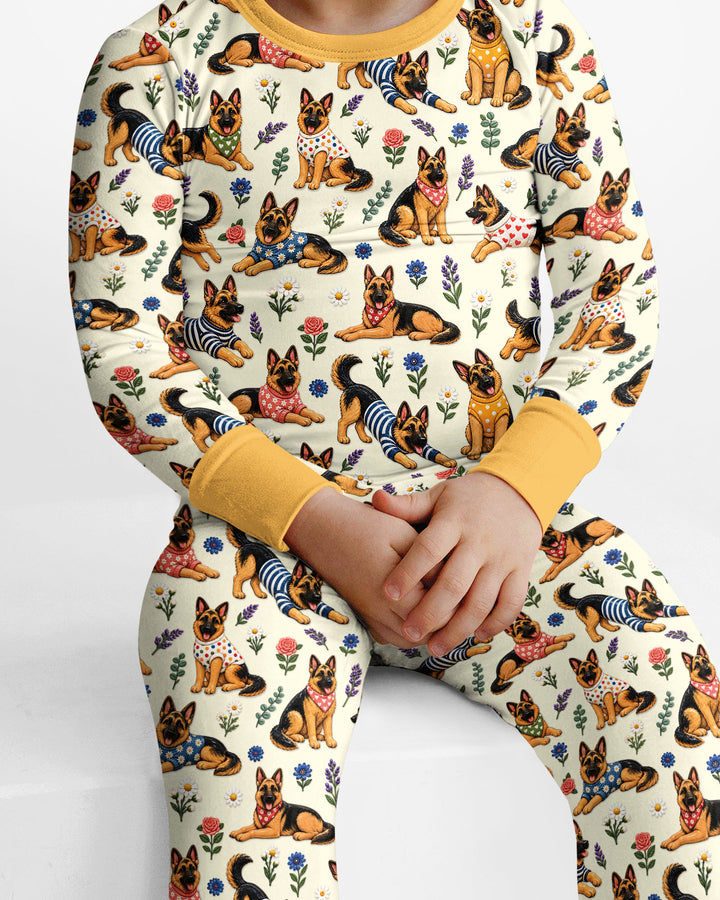 Floral German Shepherds Bamboo Two Piece Long Sleeve Pajama Set