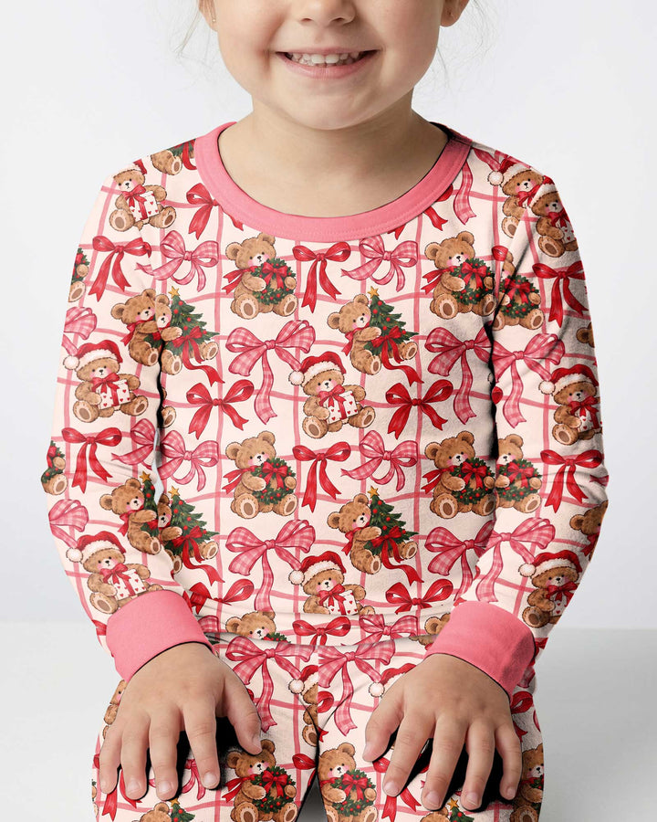Pink Christmas Teddy Bear Plaid Mommy & Me Matching Bamboo Two Piece Long Sleeve Pajama Set