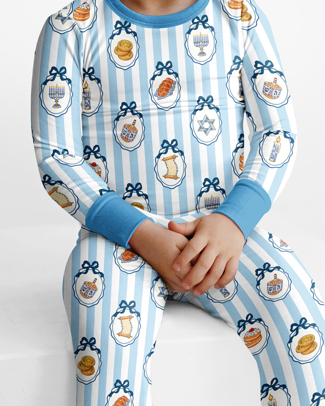 Blue White Jewish Holiday Bamboo Two Piece Long Sleeve Pajama Set