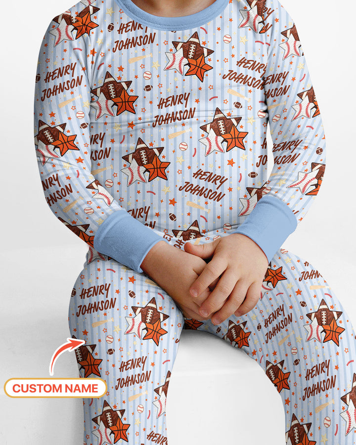 Sport Balls Custom Name Bamboo Two Piece Long Sleeve Pajama Set
