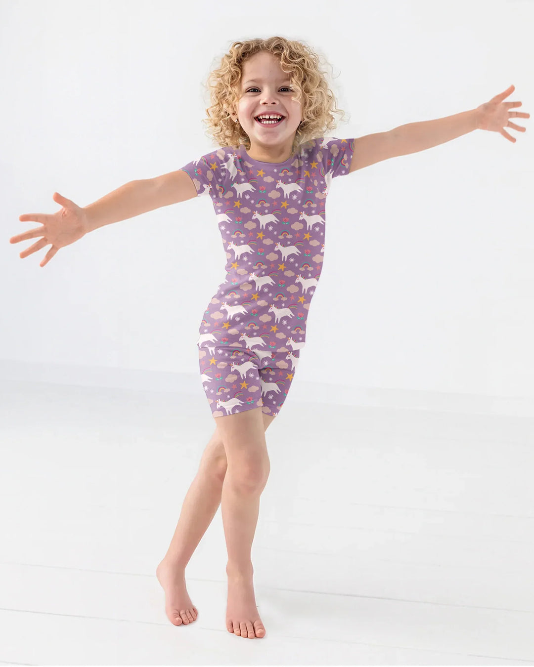 Lila Einhörner Bambus Zweiteiler Kurzarm Shorts Pyjama Set