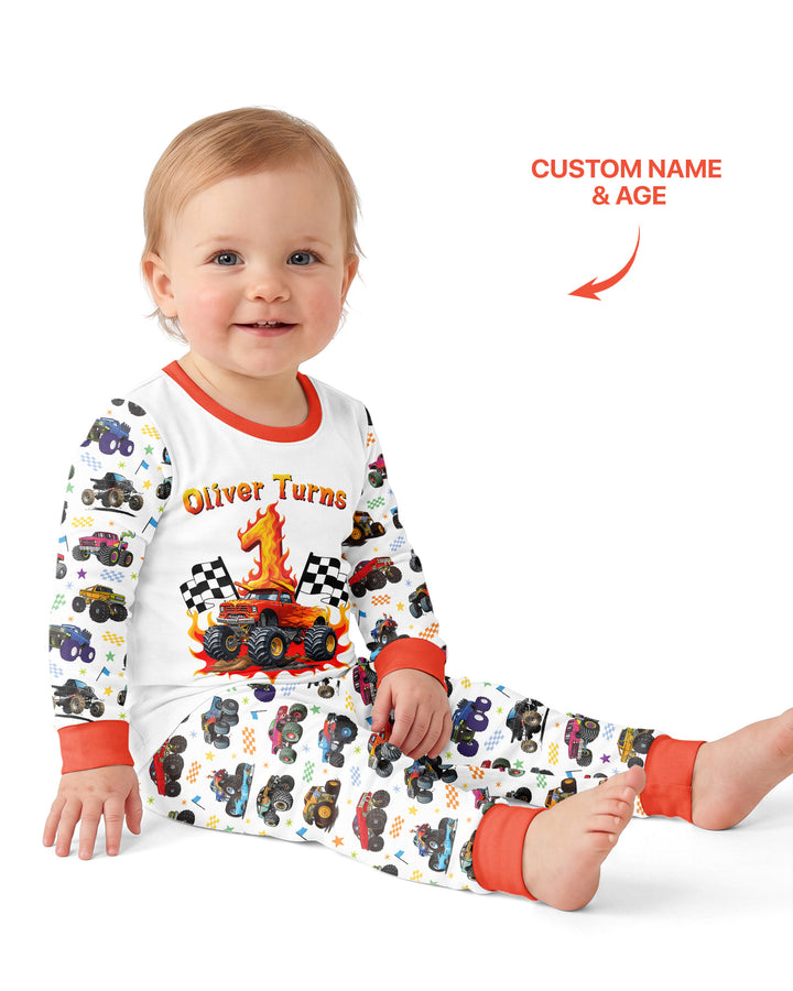 Monster Truck Birthday Boy Custom Name & Age Bamboo Two Piece Long Sleeve Pajama Set