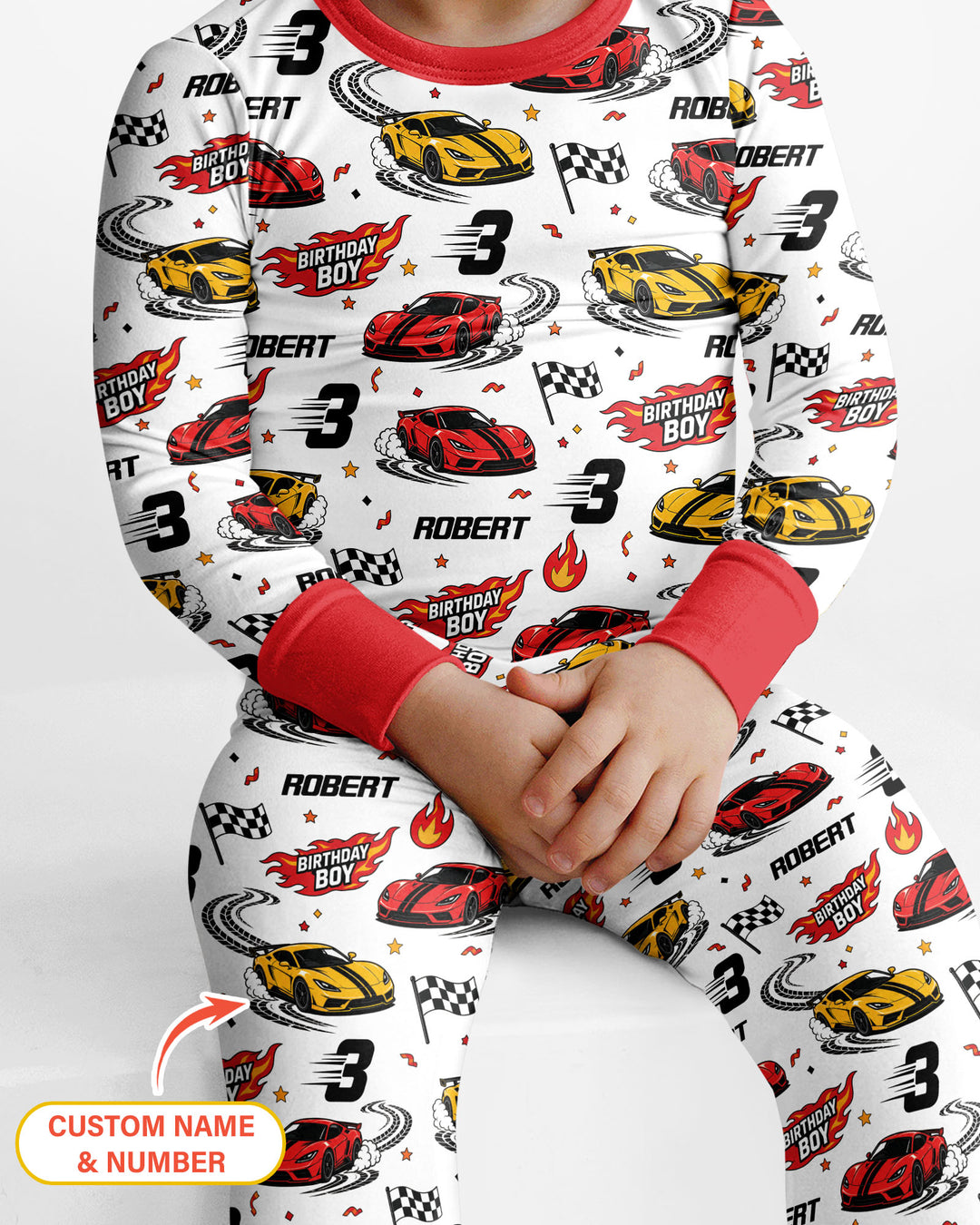 Personalized Racing Car Birthday Boy Bamboo Two Piece Long Sleeve Pajama Set