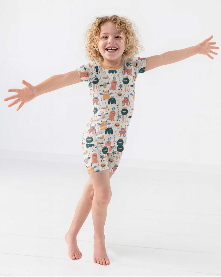 Monsters Fun Pastels Hand Painted Cute Bamboo Two Piece Short Sleeve Shorts Pajama Set