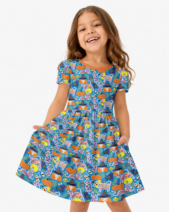 Whimsical Witch Cats Bamboo Twirl Dress
