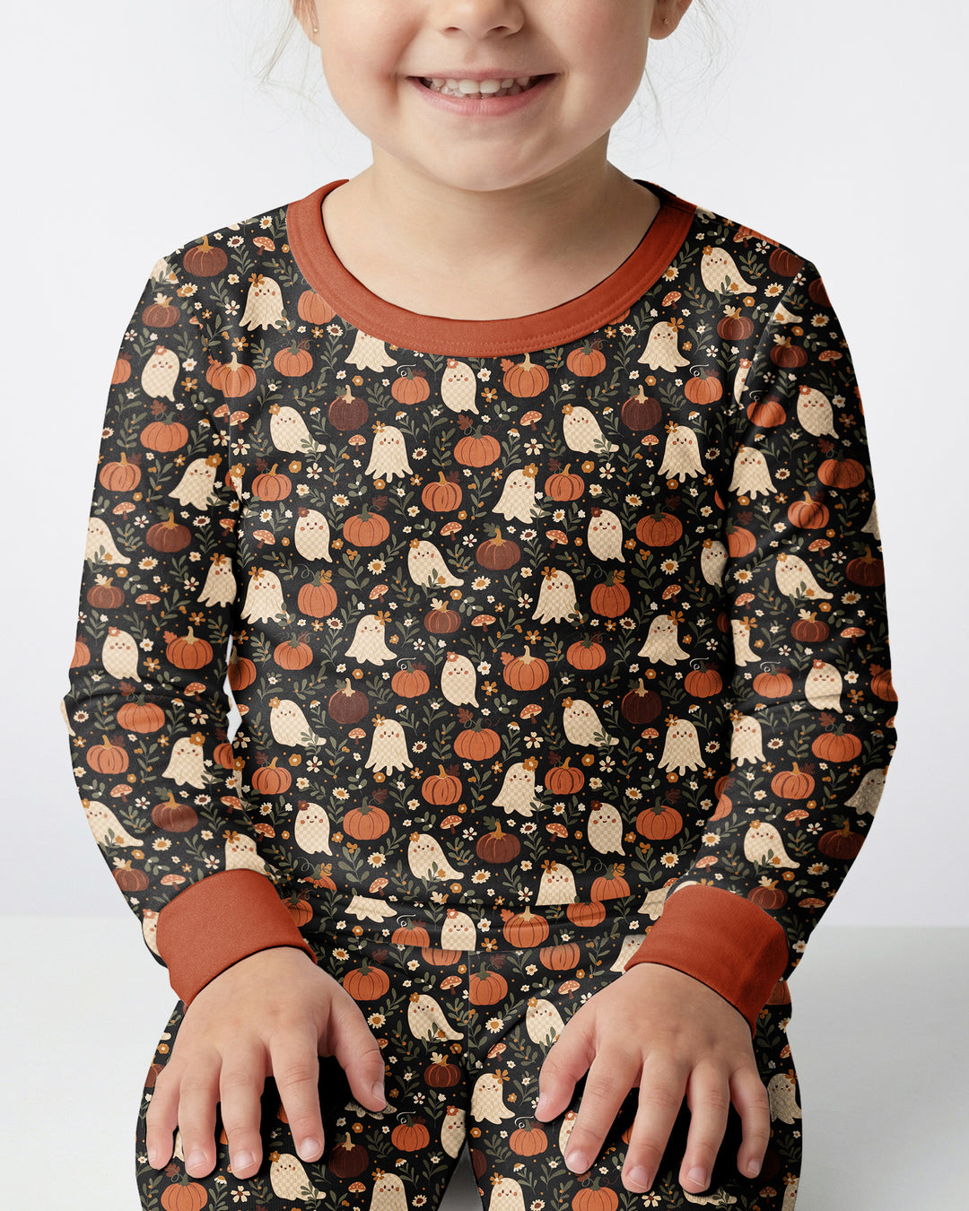 Ghost Pumpkin Harvest Floral Halloween Bamboo Two Piece Long Sleeve Pajama Set