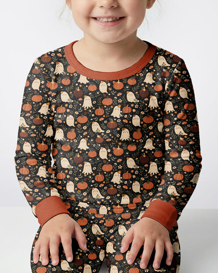 Ghost Pumpkin Harvest Floral Halloween Bamboo Two Piece Long Sleeve Pajama Set