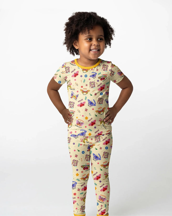 Custom Name God says I am Butterfly Bamboo Two Piece Short Sleeve Pajama Set