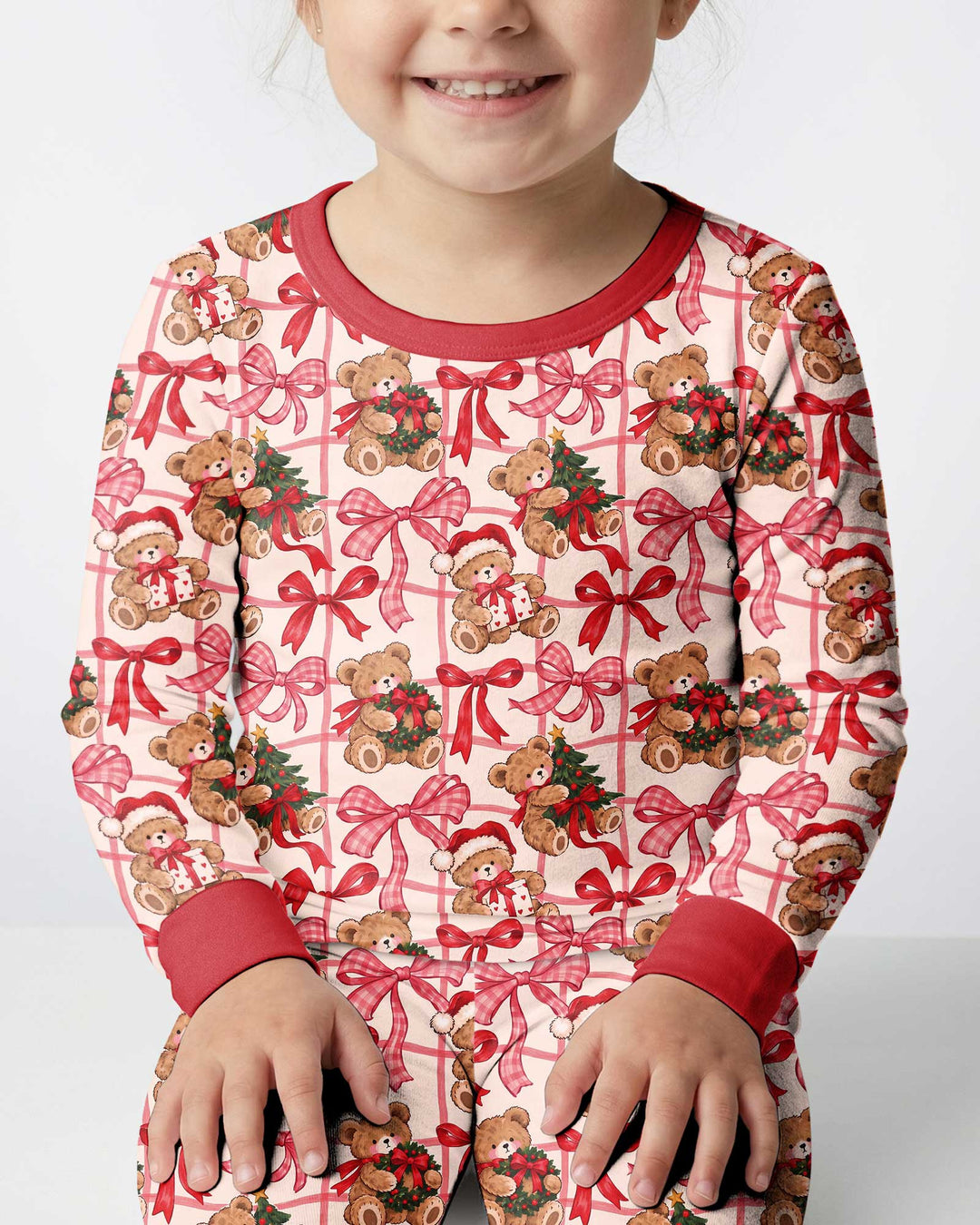 Pink Christmas Teddy Bear Plaid Mommy & Me Matching Bamboo Two Piece Long Sleeve Pajama Set