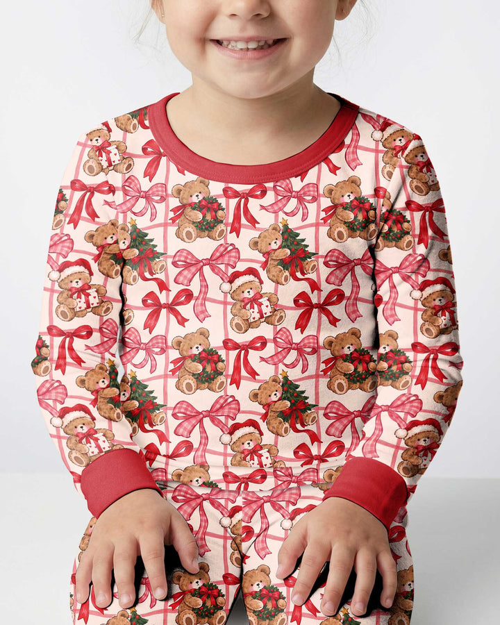 Pink Christmas Teddy Bear Plaid Mommy & Me Matching Bamboo Two Piece Long Sleeve Pajama Set