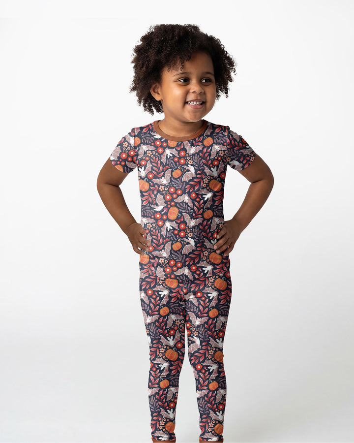 Bat Pumpkin Floral Halloween Bamboo Two Piece Short Sleeve Pajama Set