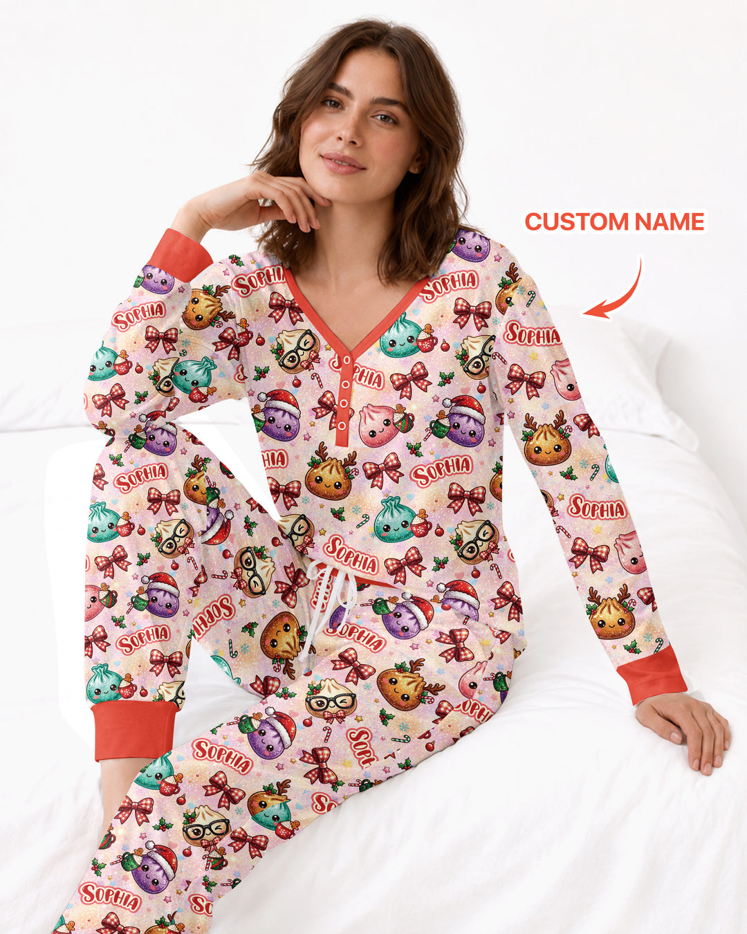 Custom Name Merry Christmas Dumpling Bamboo Women Pajama Set