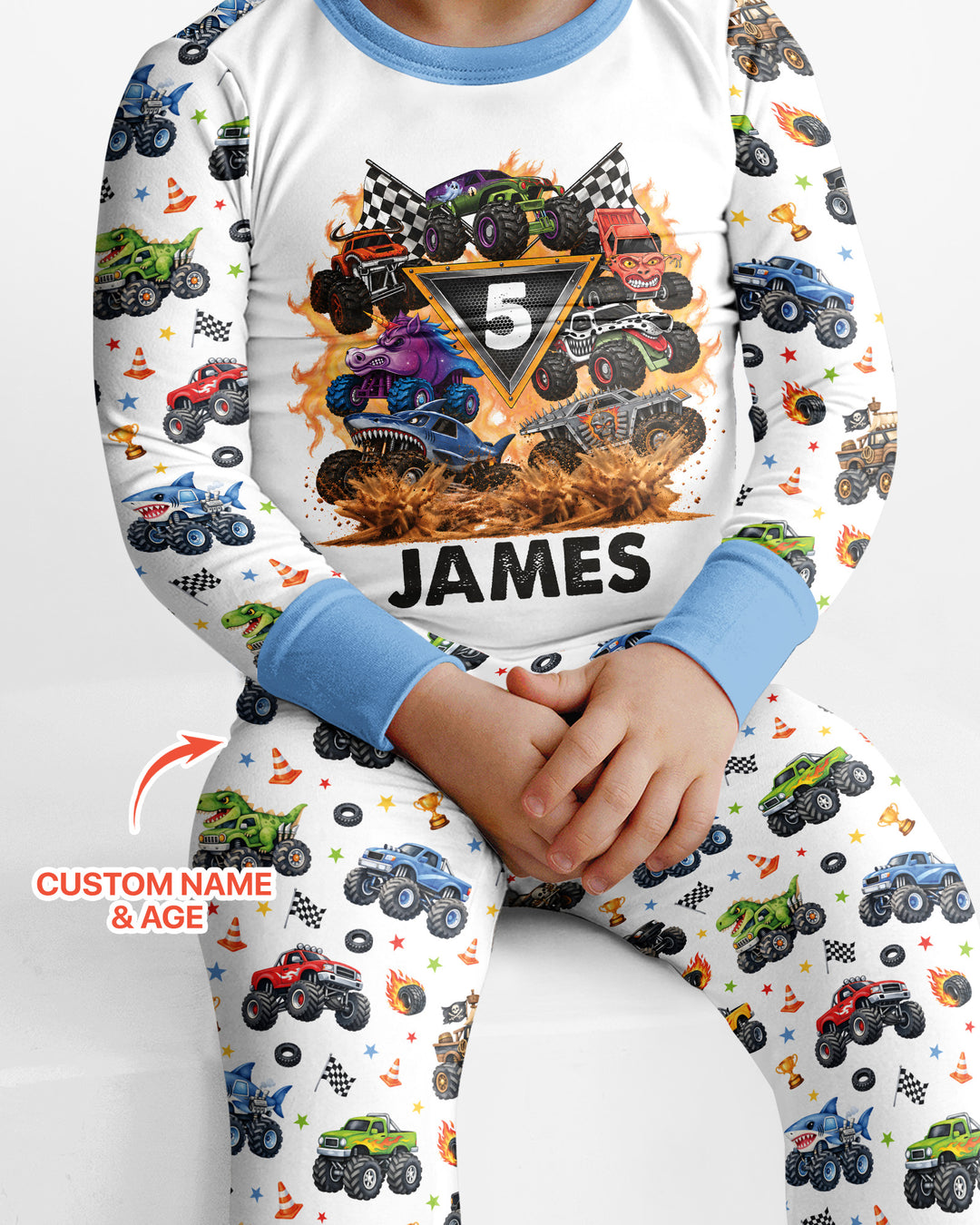 Personalized Monster Trucks Birthday Boy Bamboo Two Piece Long Sleeve Pajama Set