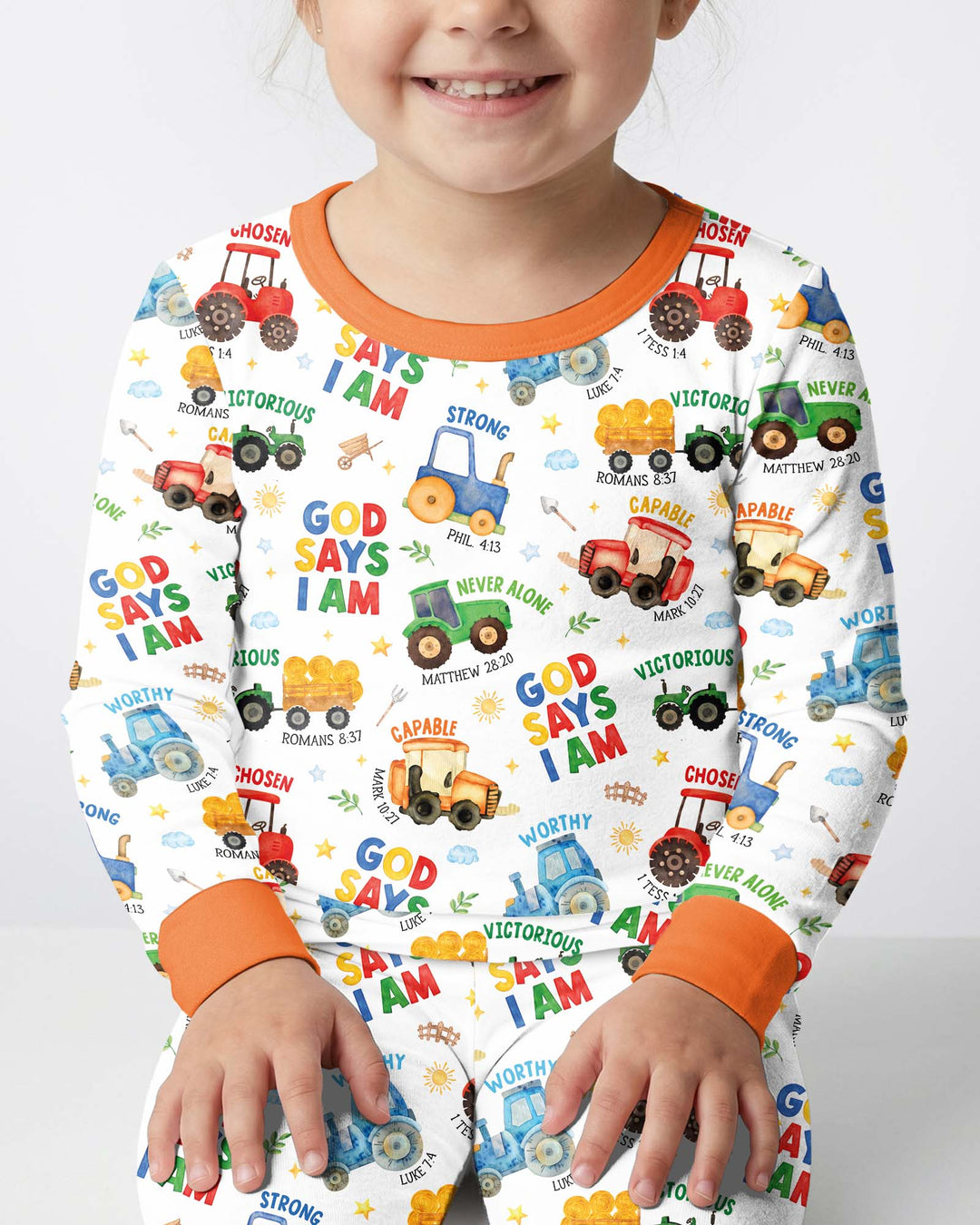 Farm Vehicles God Says I am Bamboo Two Piece Long Sleeve Pajama Set