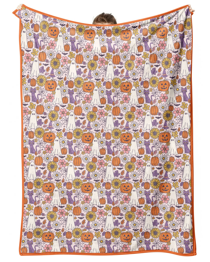 Ghost Pumpkin Fall Floral Halloween Bamboo Blanket