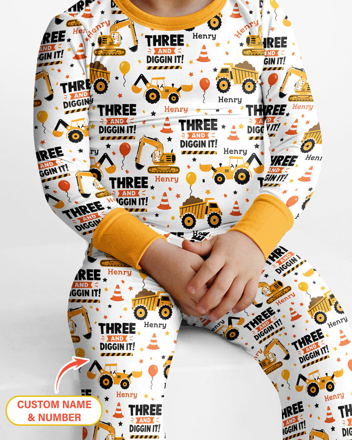 Personalized Birthday Construction Truck Diggin It Bamboo Two Piece Long Sleeve Pajama Set