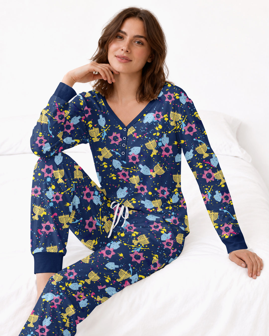Hanukkah Family Splatter Paint  Bamboo Women Pajama Set