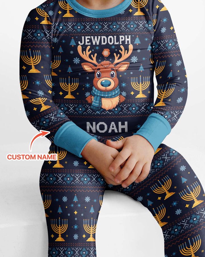 Custom Name Jewdolph Hanukkah Bamboo Two Piece Long Sleeve Pajama Set