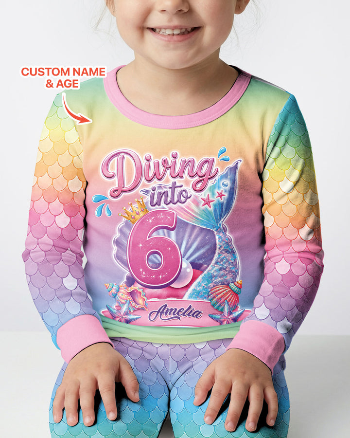 Mermaid Birthday Custom Name & Age Bamboo Two Piece Long Sleeve Pajama Set