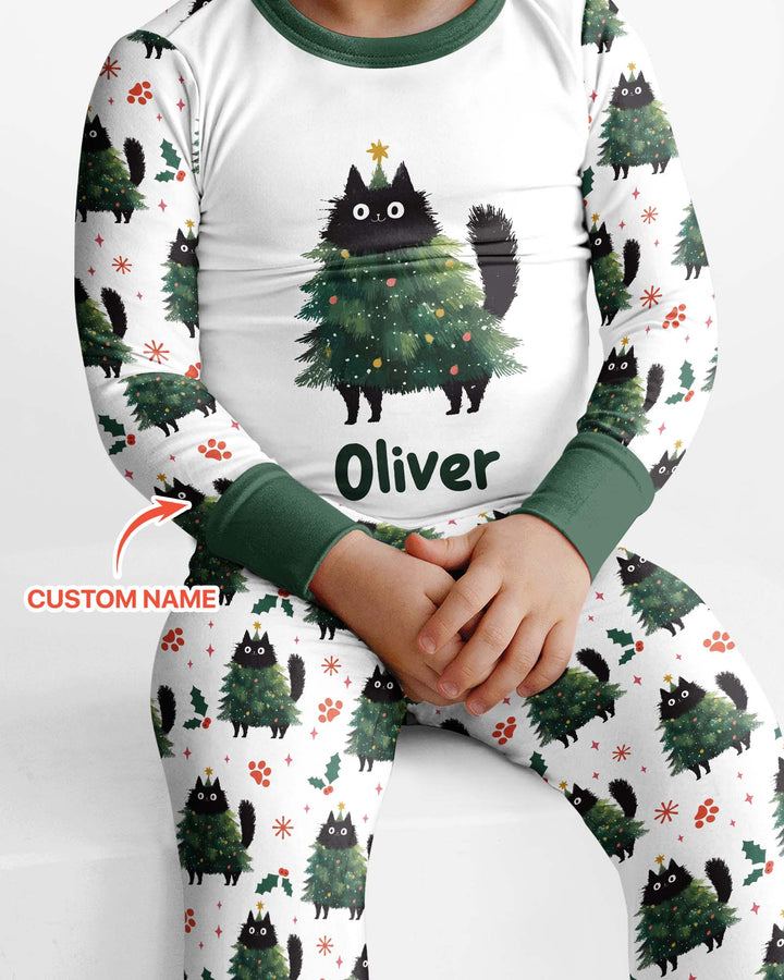 Custom Name Black Cat Christmas Bamboo Two Piece Long Sleeve Pajama Set