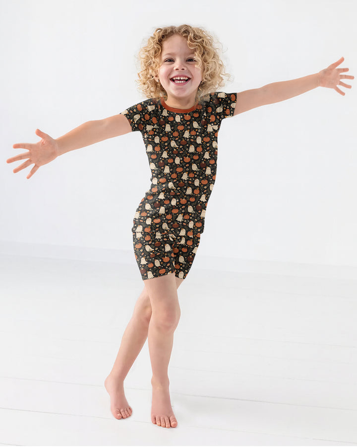 Ghost Pumpkin Harvest Floral Halloween Bamboo Two Piece Short Sleeve Shorts Pajama Set