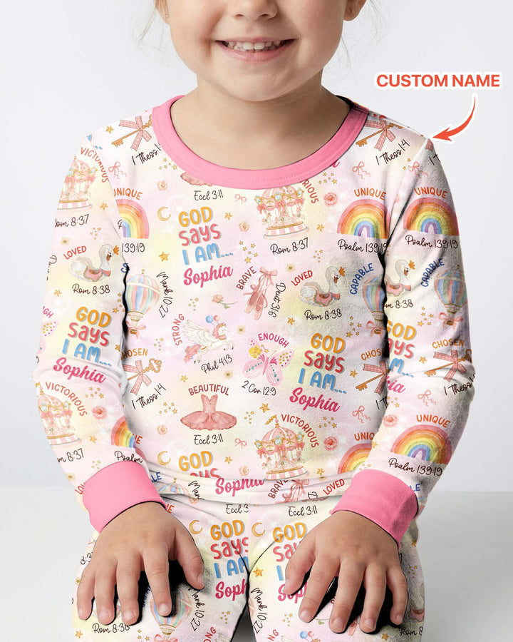 God Says I Am- Ballerina Custom Name Bamboo Two Piece Long Sleeve Pajama Set