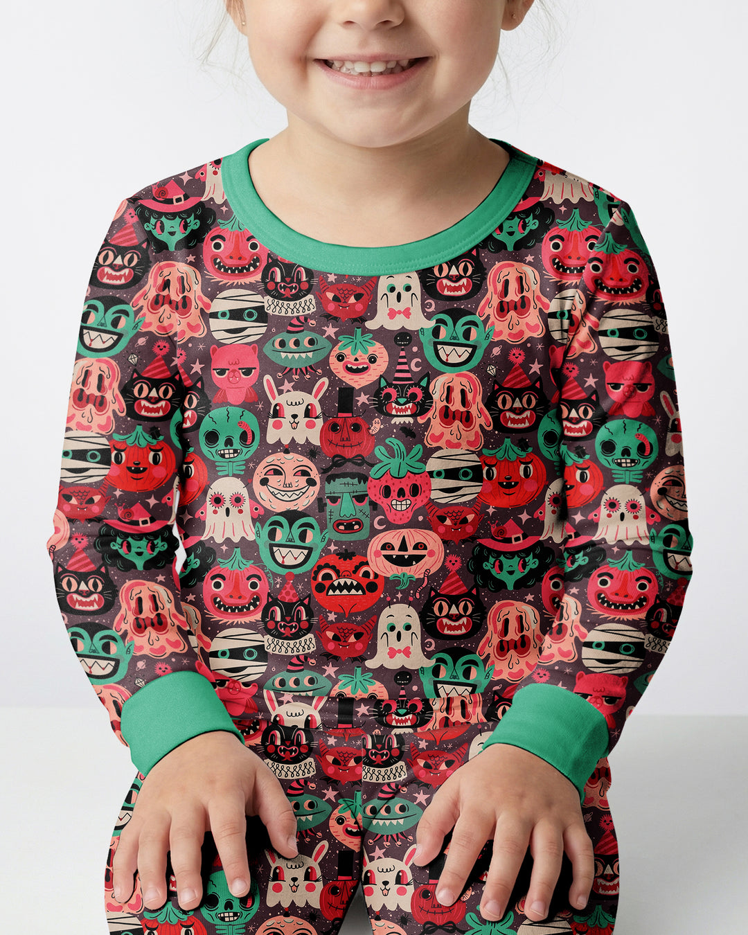Retro Halloween Monsters Ghost Pumpkin Mummy Bamboo Two Piece Long Sleeve Pajama Set