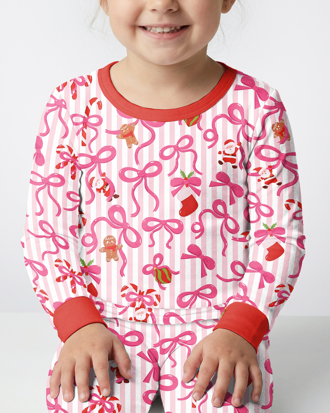 Pink Bow Christmas Magic Bamboo Two Piece Long Sleeve Pajama Set