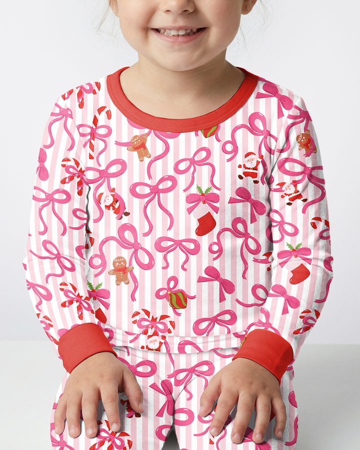 Pink Bow Christmas Magic Bamboo Two Piece Long Sleeve Pajama Set