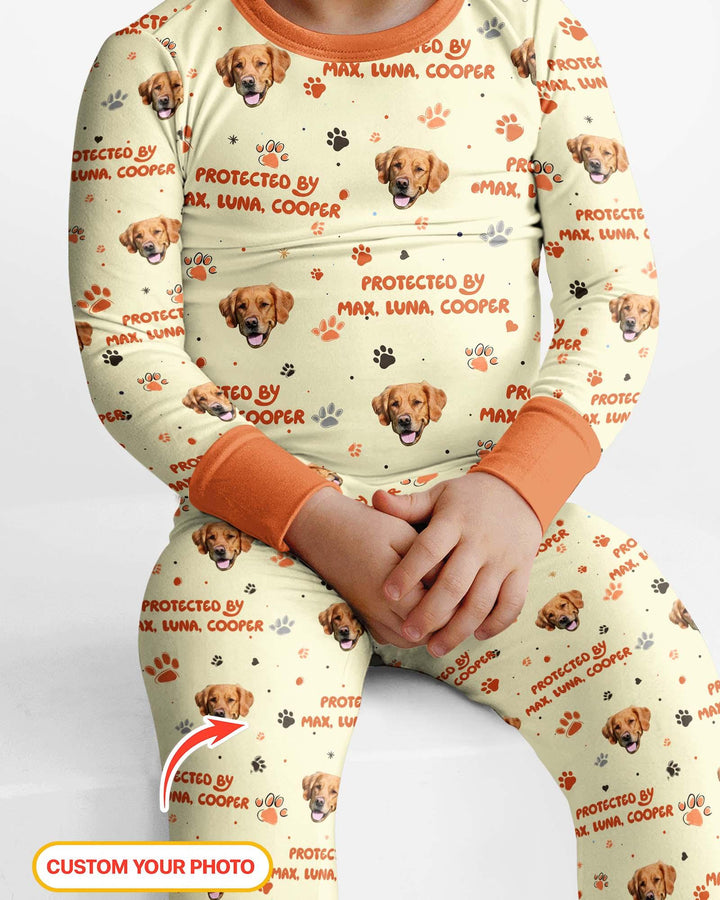 Custom Dog Photos "Protected By" Pawfect Blue Bamboo Two Piece Long Sleeve Pajama Set