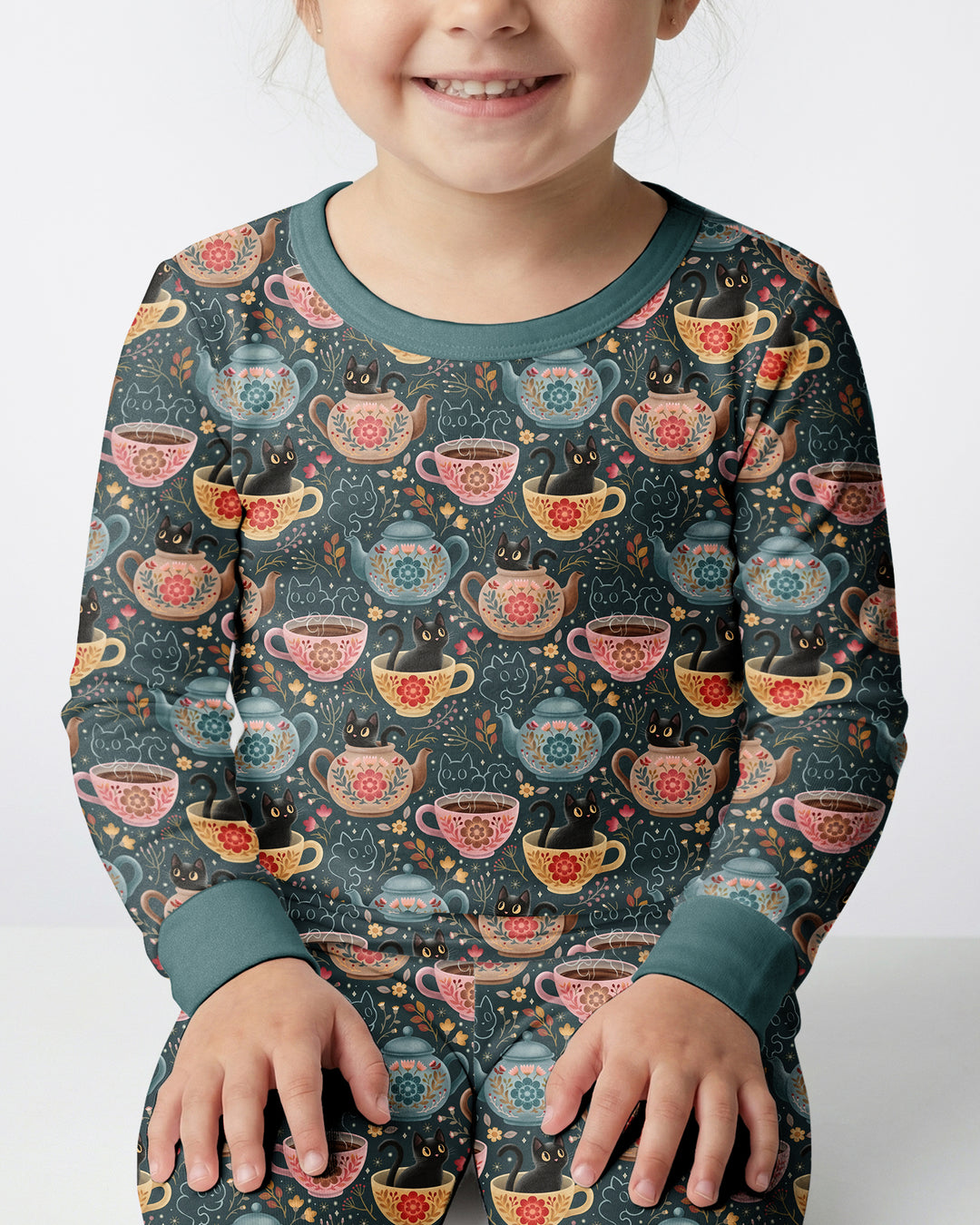 Folk Floral Black Cat Tea Party Bamboo Two Piece Long Sleeve Pajama Set