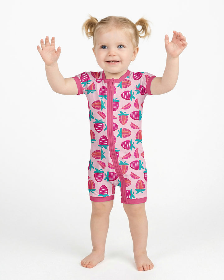 Sweet Strawberries Bamboo Shorty Zippered Romper