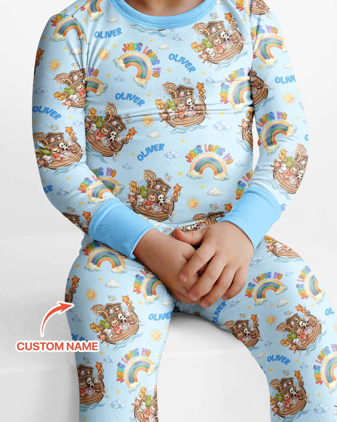 Custom Name Jesus Loves Me Noah's Ark Bamboo Two Piece Long Sleeve Pajama Set