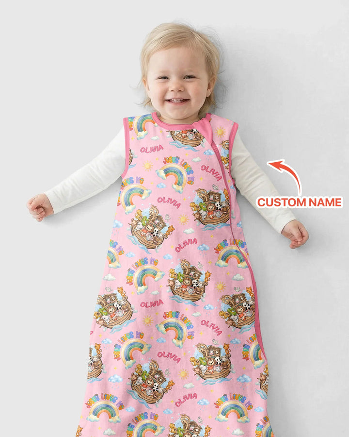 Custom Name Jesus Loves Me Noah's Ark Bamboo Sleep Bag
